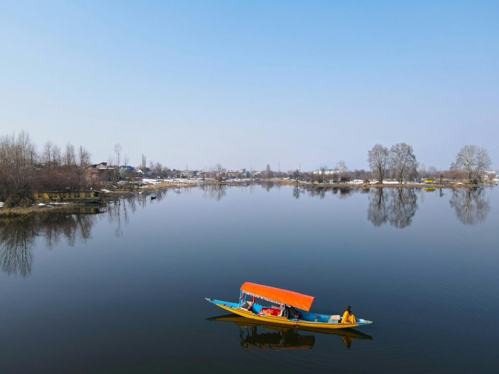 "Scenic view of Dal Lake with houseboats and snow-capped mountains in the background."