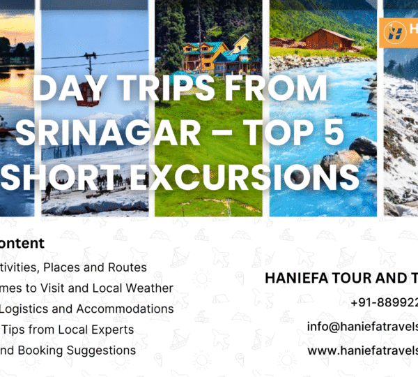 Day trips from Srinagar Srinagar short excursions Gulmarg one day trip Places to visit near Srinagar in one day Kashmir day tour from Srinagar Best one-day trips in Kashmir Srinagar to Sonmarg itinerary Family day trip from Srinagar