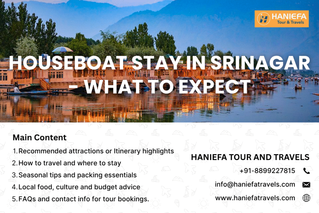 Houseboat in Srinagar Dal Lake houseboat stay Srinagar houseboat experience Best houseboats in Srinagar Kashmir houseboat booking What to expect in Srinagar houseboat Houseboat stay Kashmir Srinagar houseboat packages Houseboat tour Kashmir Houseboat itinerary Srinagar